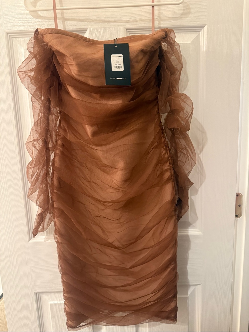 Fashion Nova Brown Sheer Ruched Midi Dress - Picture 5 of 6